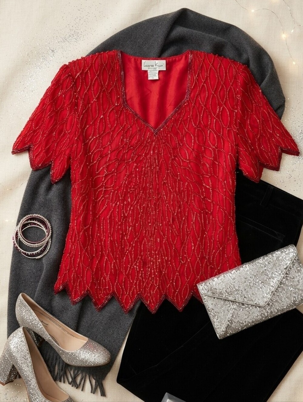 Vintage Laurence Kazar Red Sequin Beaded Silk Blouse